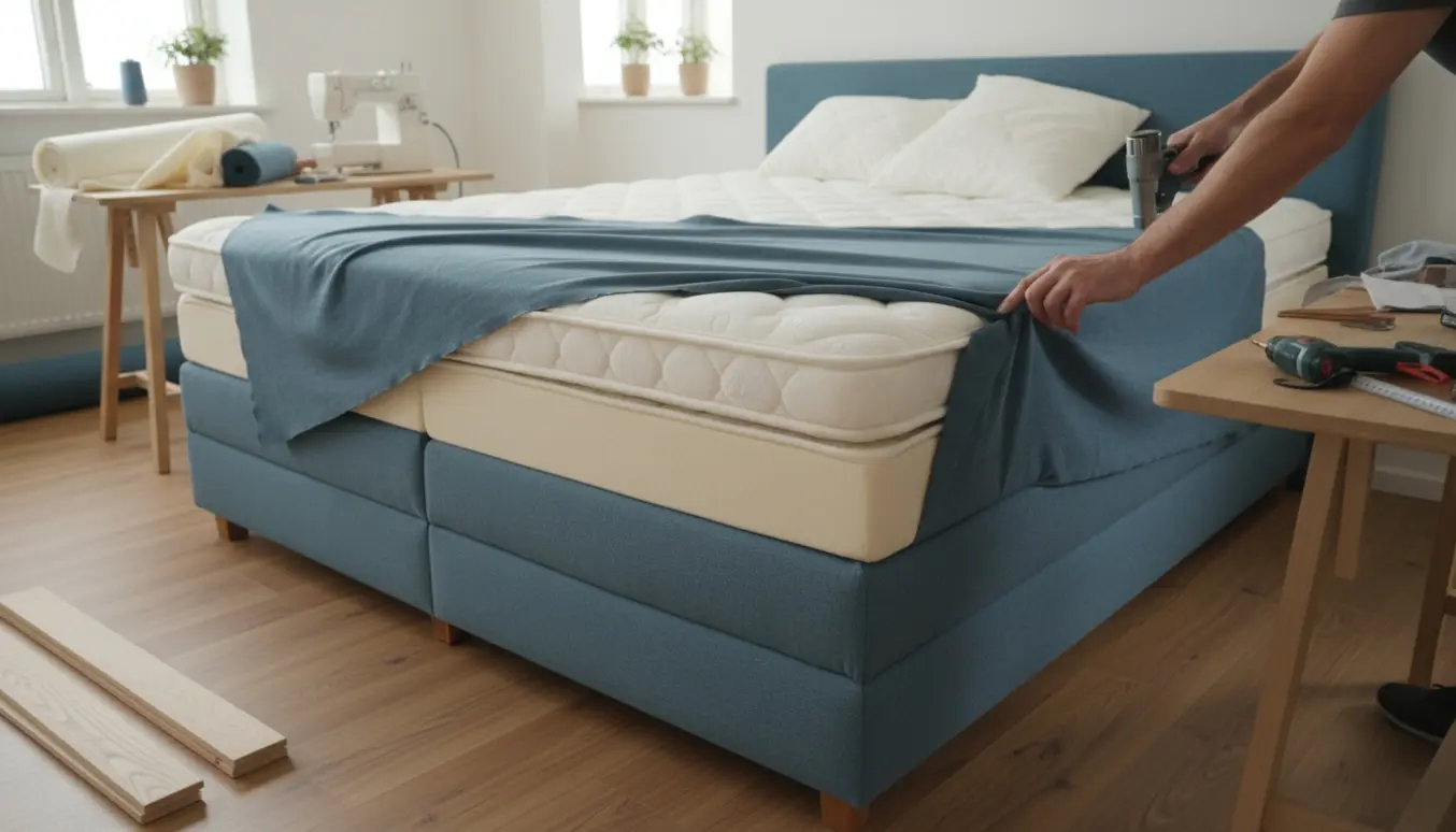 Hænder monterer og polstrer en kontinentalseng i størrelse 140×200 i et lyst værksted.