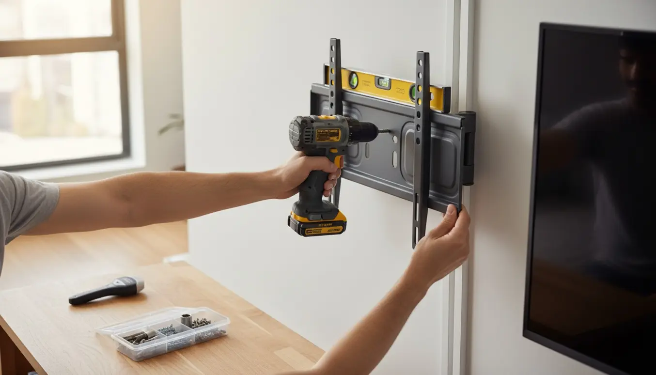 Nærbillede af hænder, der monterer et TV‑vægbeslag i en stue med boremaskine og vaterpas.