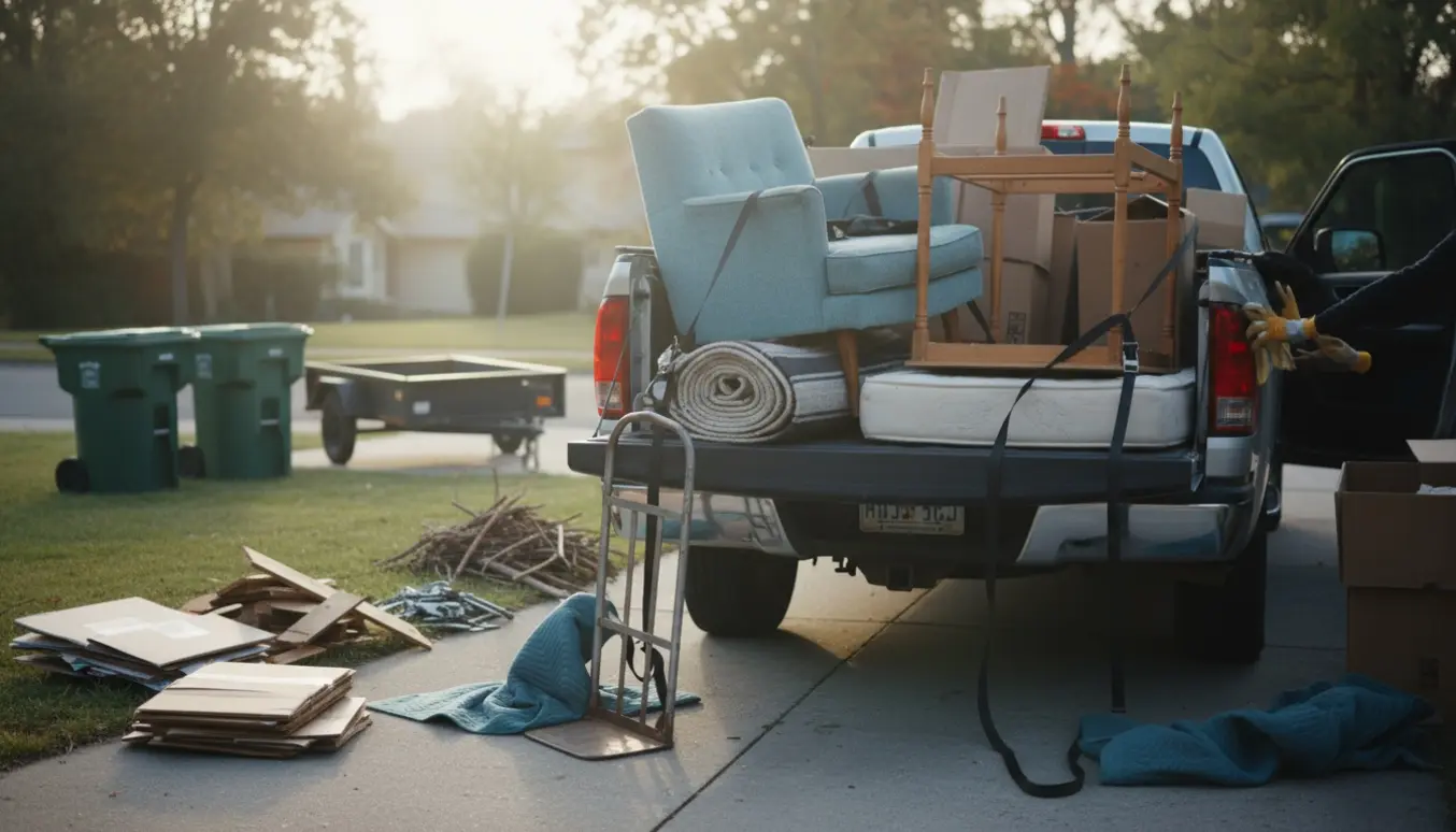 Lastning af pap, møbler og affald på en pickup til kørsel på genbrugsstationen.