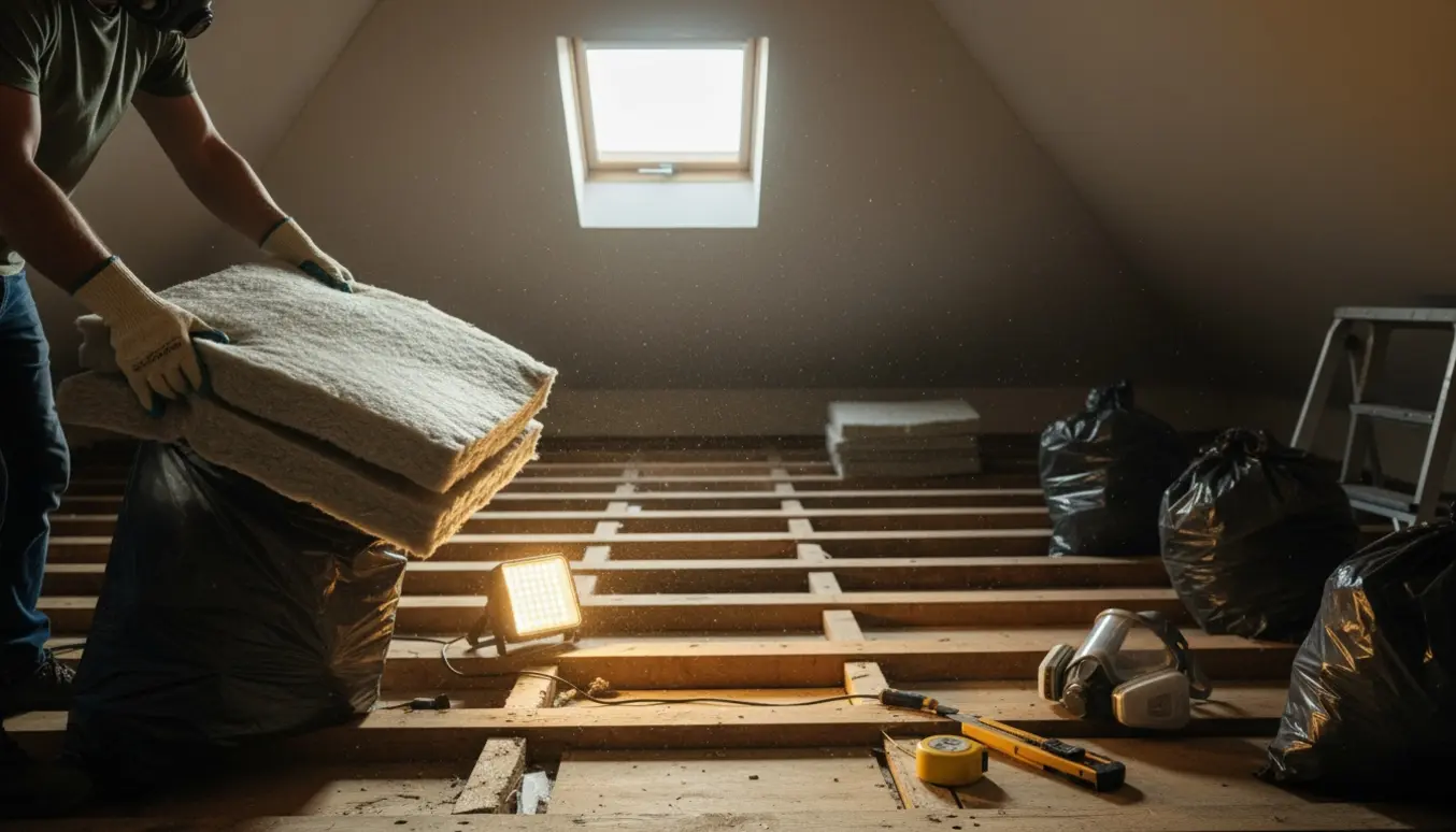 Hænder i handsker fjerner rockuld fra et loft med beskyttelsesudstyr og værktøj klar.