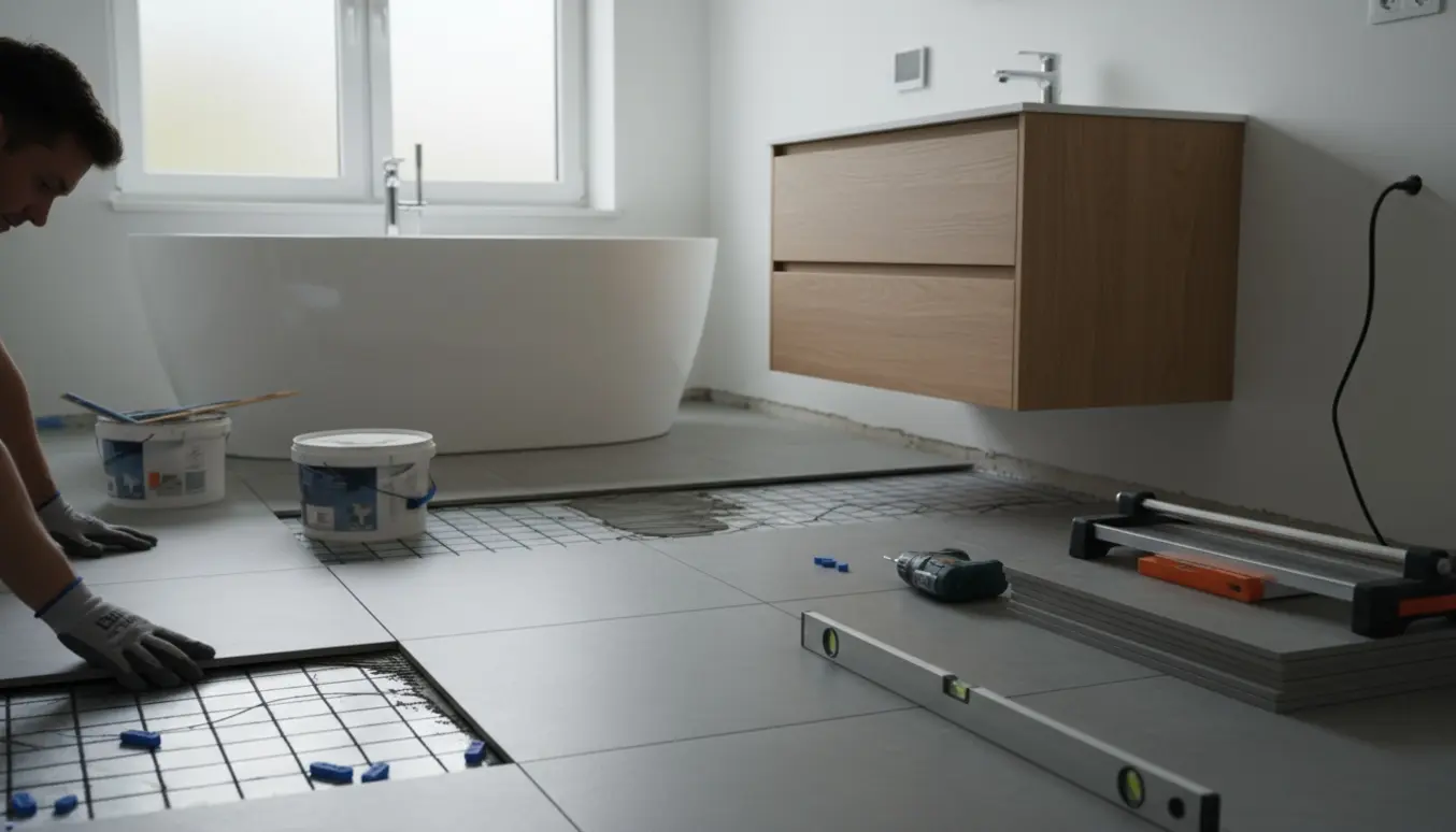 Badeværelse i et 80'er-hus under renovering med nye klinker, gulvvarme og moderne skabe.