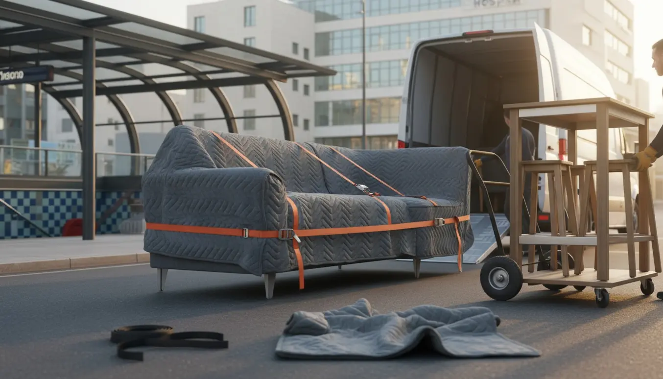 Flyttefolk læsser en indpakket hjørnesofa og et højbord med to stole ind i en flyttevogn foran metrostation og hospital.