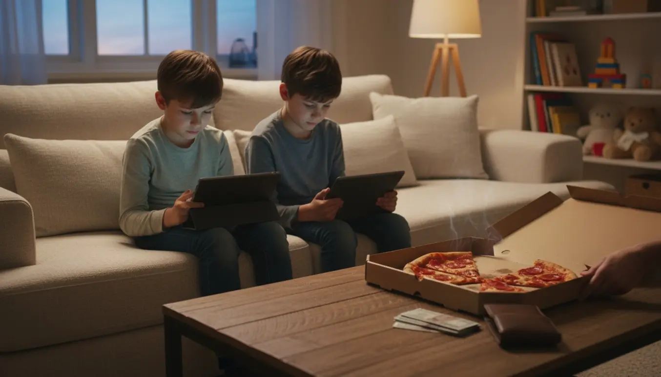 Aftenscene i stue med en babysitter bagfra og to drenge på sofaen med tablets og en åben pizzaæske på sofabordet.