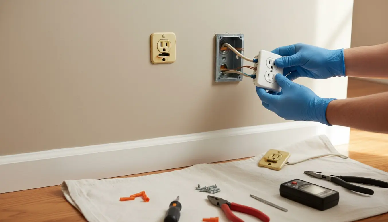 Hænder udskifter to stikkontakter i en væg med værktøj lagt klart.