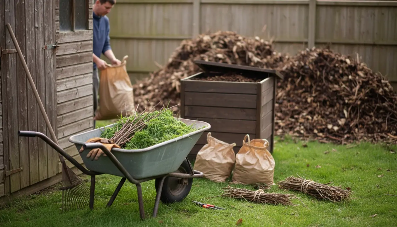 Trillebør med frisk haveaffald forrest og en mørk, ældre bunke af nedbrudt haveaffald bagerst i haven.