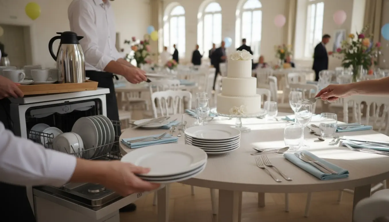 Hænder rydder af og servicerer borde til en dåbsreception med kage, kopper og åben opvaskemaskine.