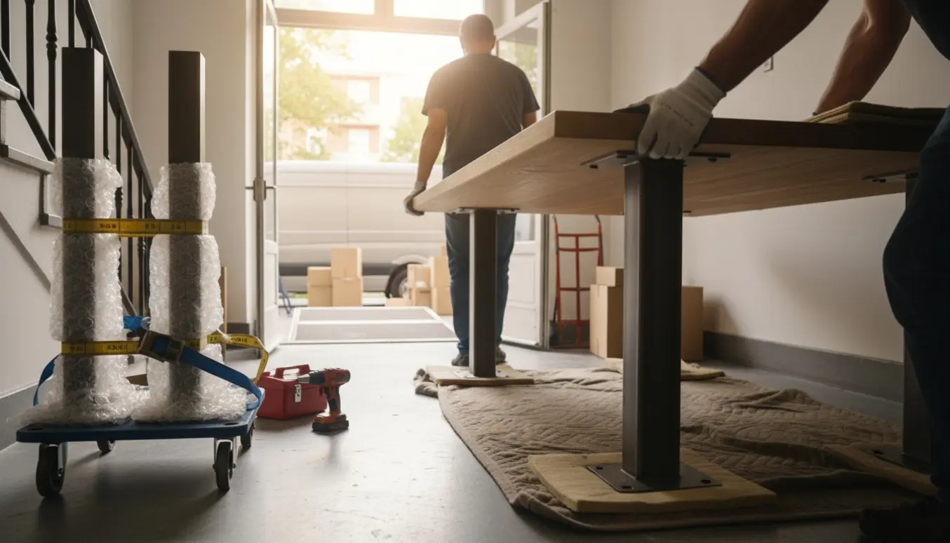 Stort spisebord med aftagelige ben under afmontering i en opgang, pakket på tæpper med en flyttevogn og flyttebil udenfor.
