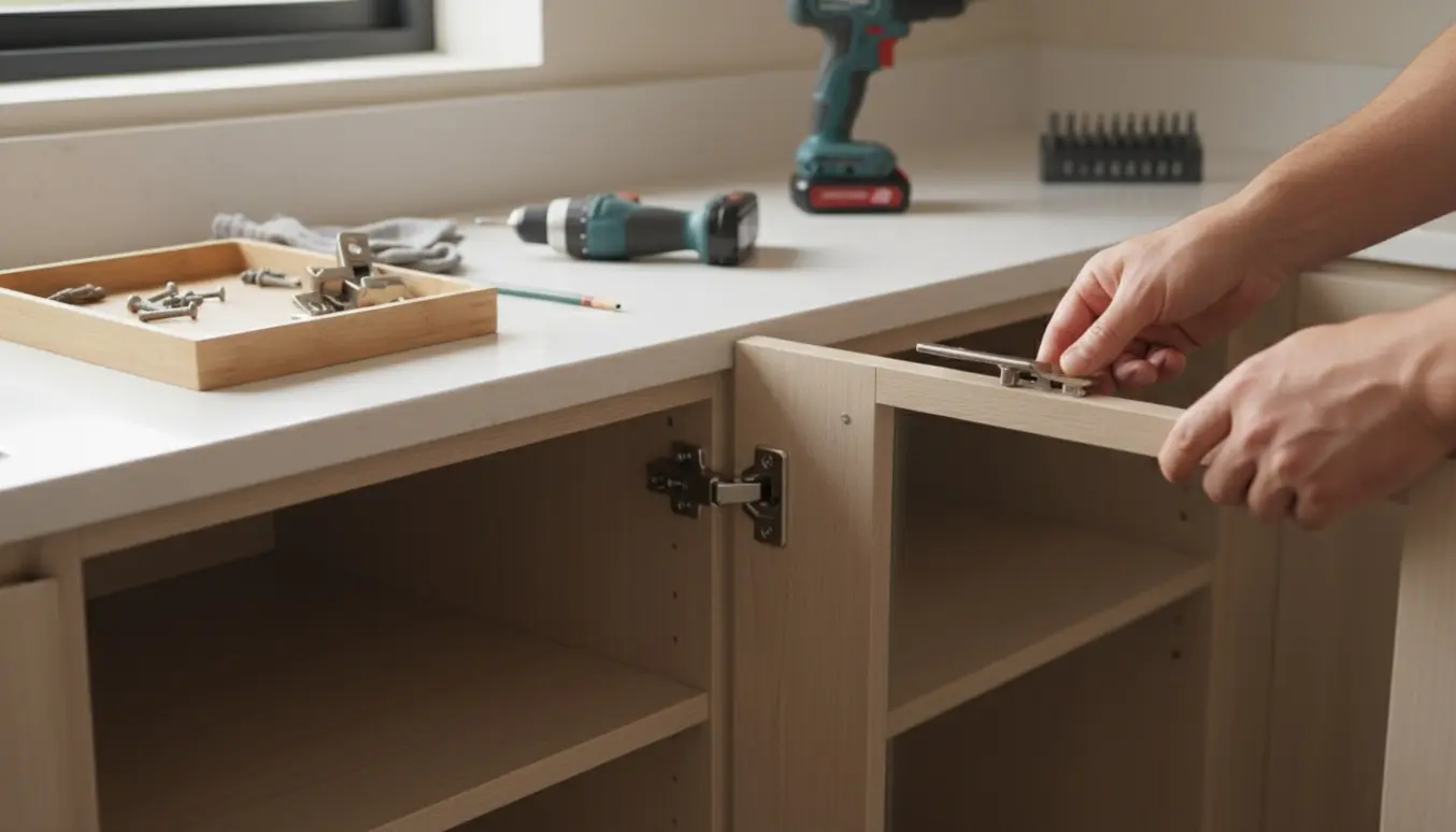 Håndværker monterer nye hængsler i et hjørneskab i et lyst, moderne køkken.