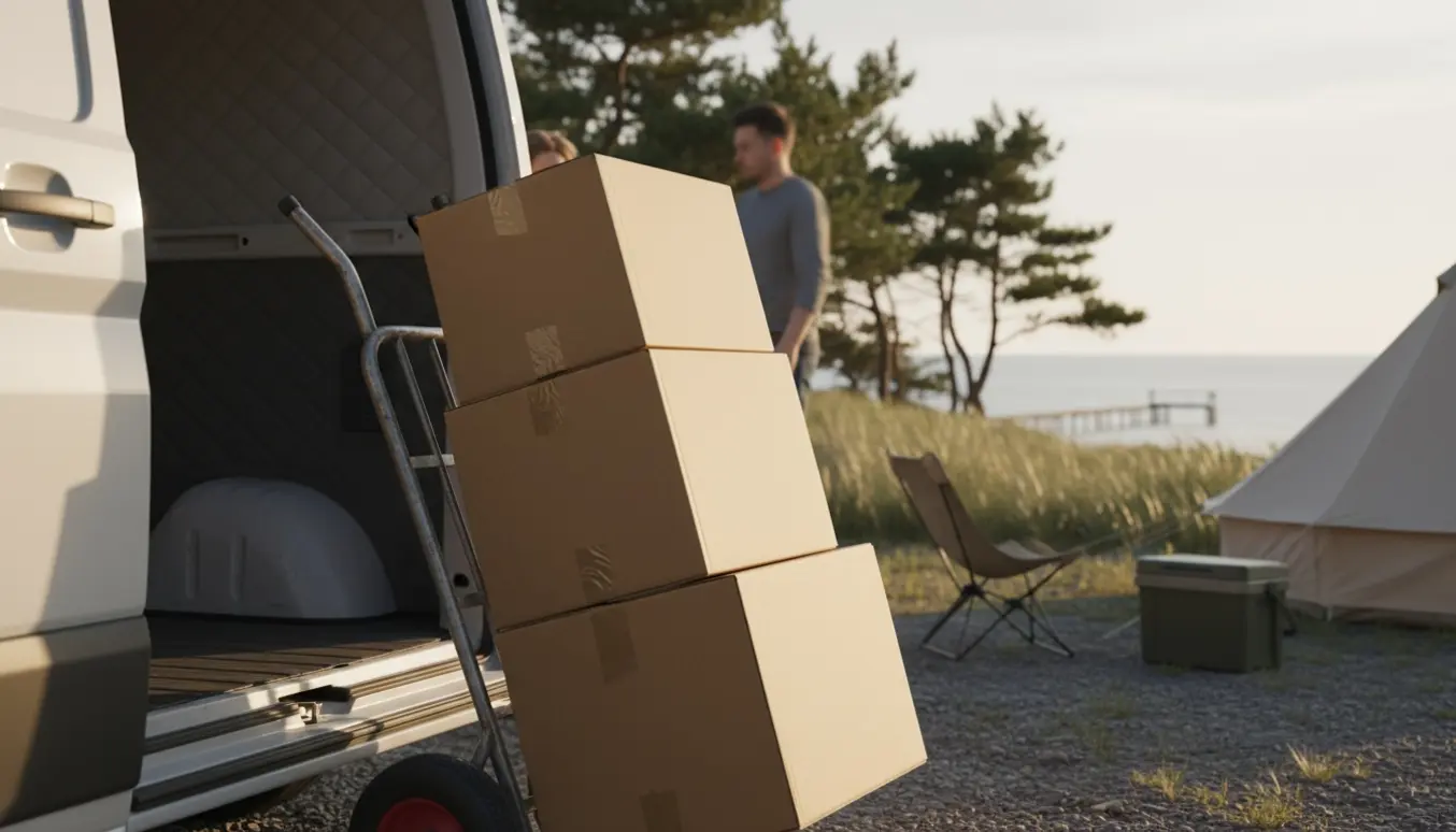 Tre flyttekasser på en sækkevogn ved en åben varevogn med en campingplads og kyst i baggrunden.