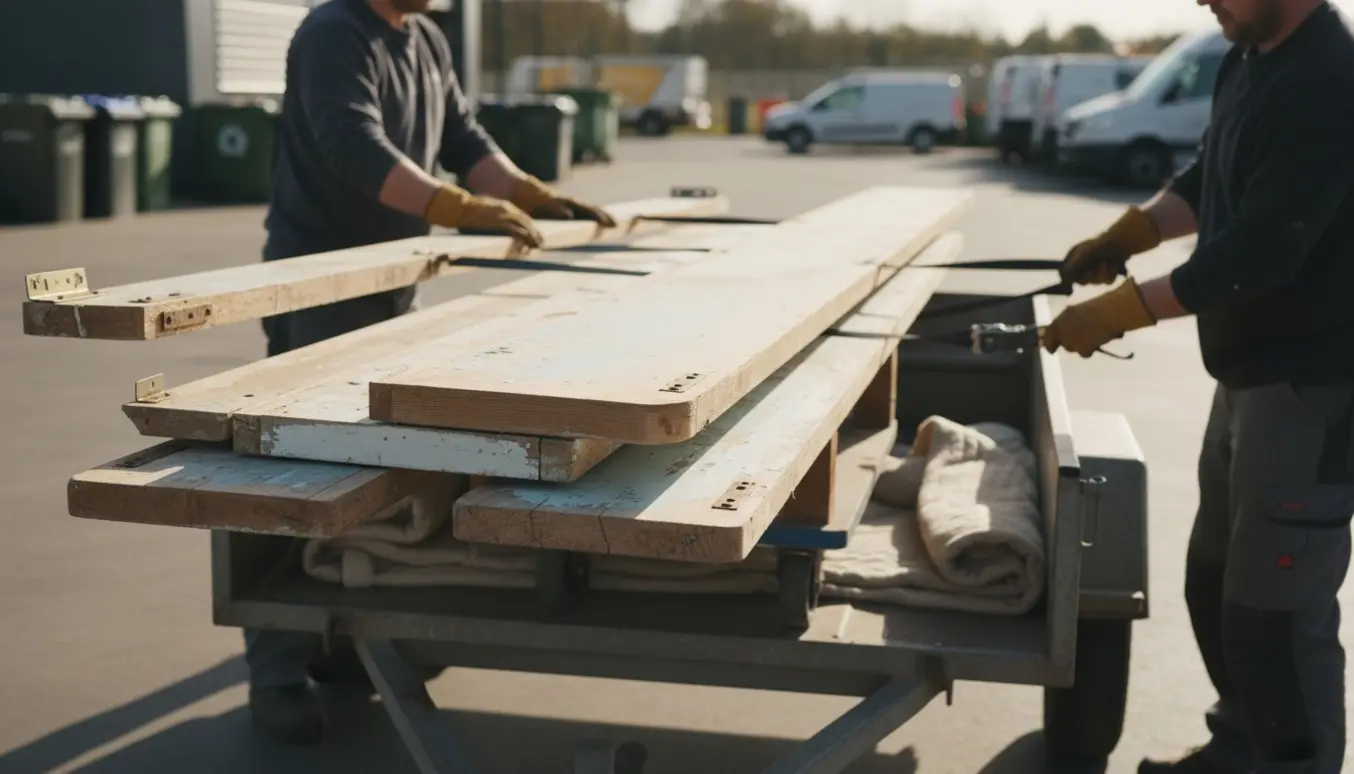 Et adskilt gammelt skab læsses på en trailer ved en genbrugsplads, to personer ses bagfra og binder skabet fast.