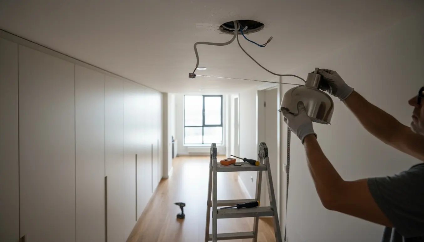 Loftslampe flyttes i en gang med håndværker på stige, synlige ledninger og værktøj.