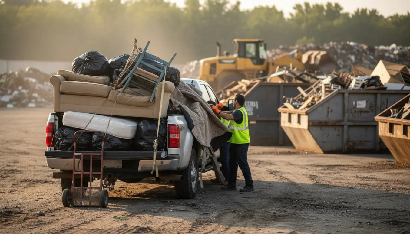 En pick-up lastet med sække og møbler venter på at aflevere affald på en losseplads.