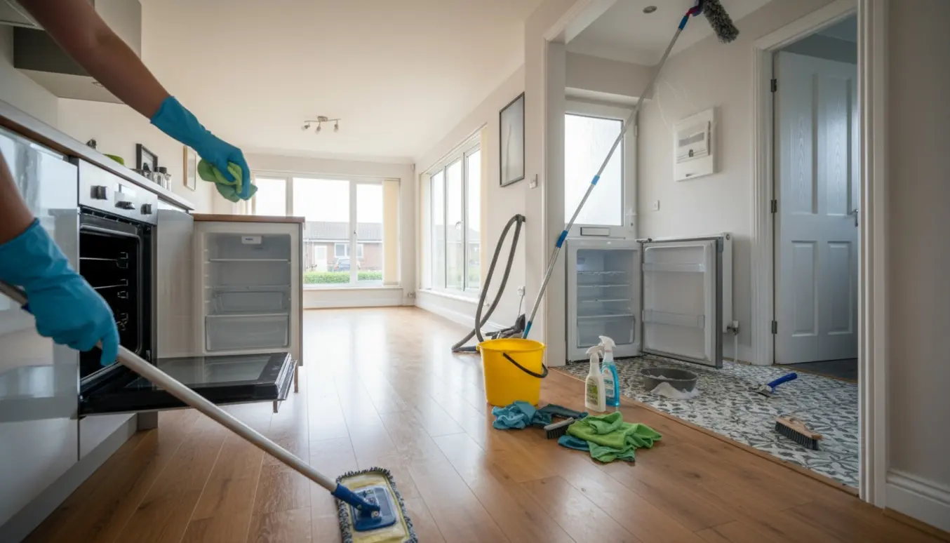 Person vasker trægulv og rengør ovn og køleskab i et solfyldt rækkehus ved fraflytning.