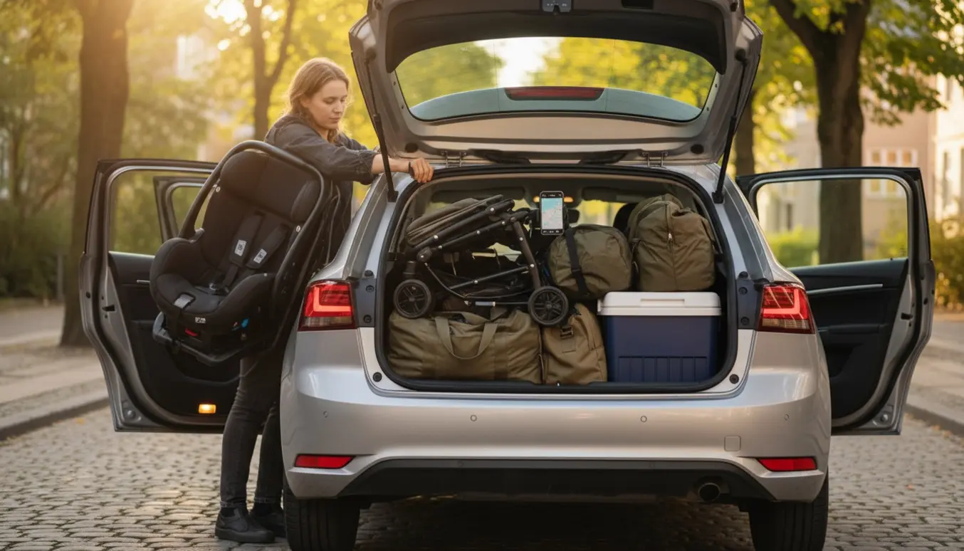 Åben bilbagagerum pakket med campingudstyr, klapvogn og et monteret børnesæde på en rolig gade i Nørrebro.