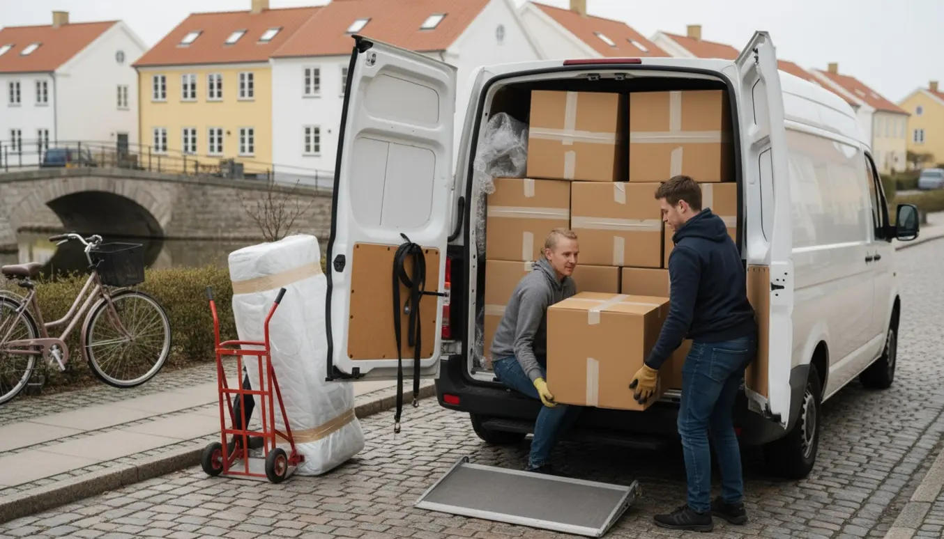 To personer bærer en flyttekasse mod en åben flyttevogn foran rækkehuse og en lille bro.