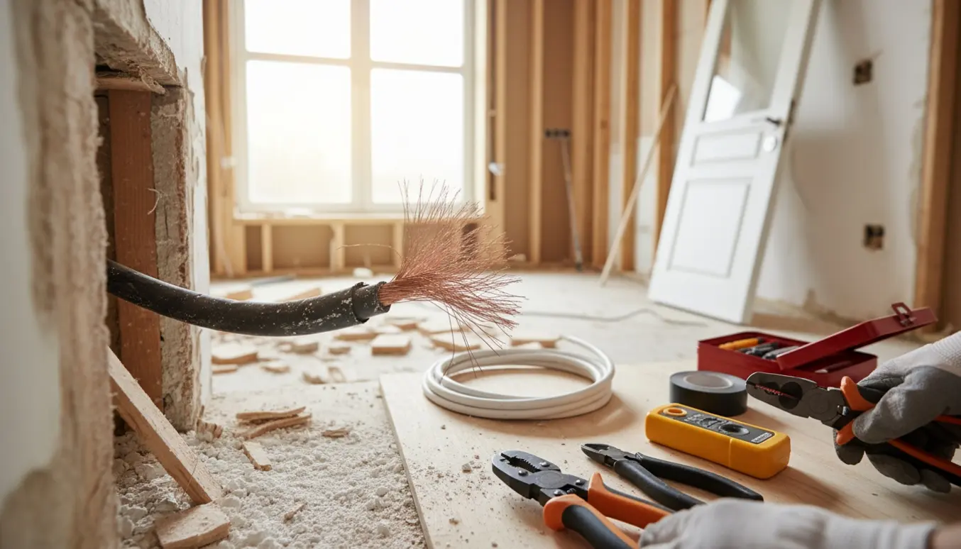 Nærbillede af en overskåret elektrisk ledning i en nedrevet væg med værktøj og handsker klar til reparation.