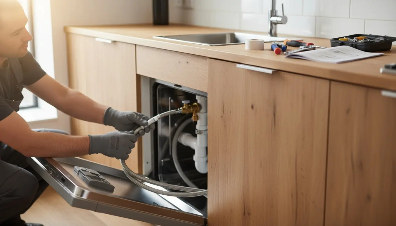 En autoriseret VVS-montør forbinder vandslange til en opvaskemaskine i et lyst, moderne køkken.