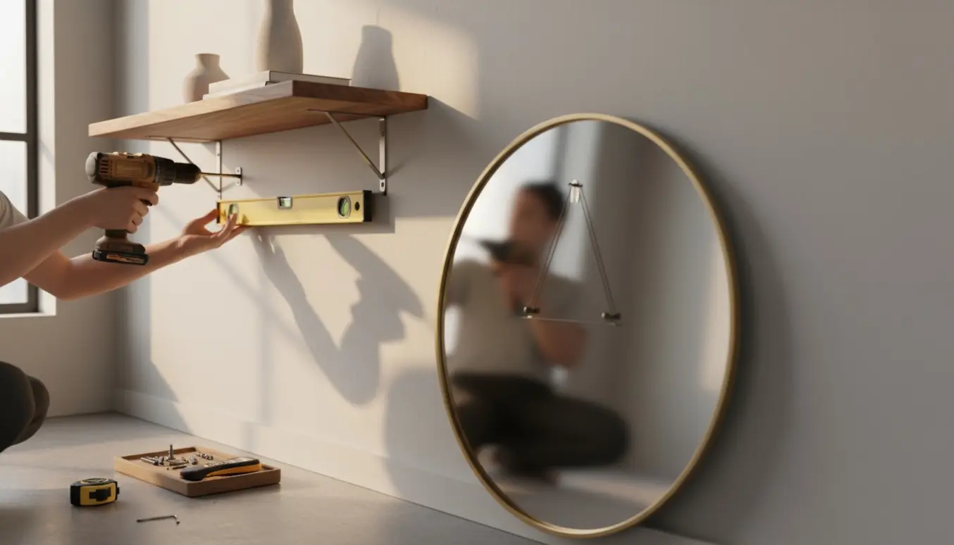 Hænder hænger en træhylde og et rundt spejl på en lys væg med værktøj som bor, vaterpas og målebånd ved siden af.