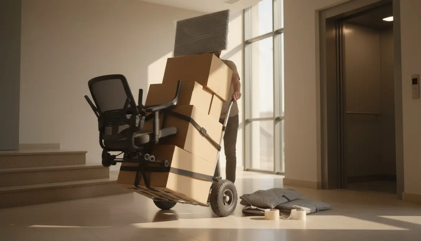 Stabel med flyttekasser, en indpakket computerskærm og en kontorstol på en tralle foran en opgang med elevator og få trin.