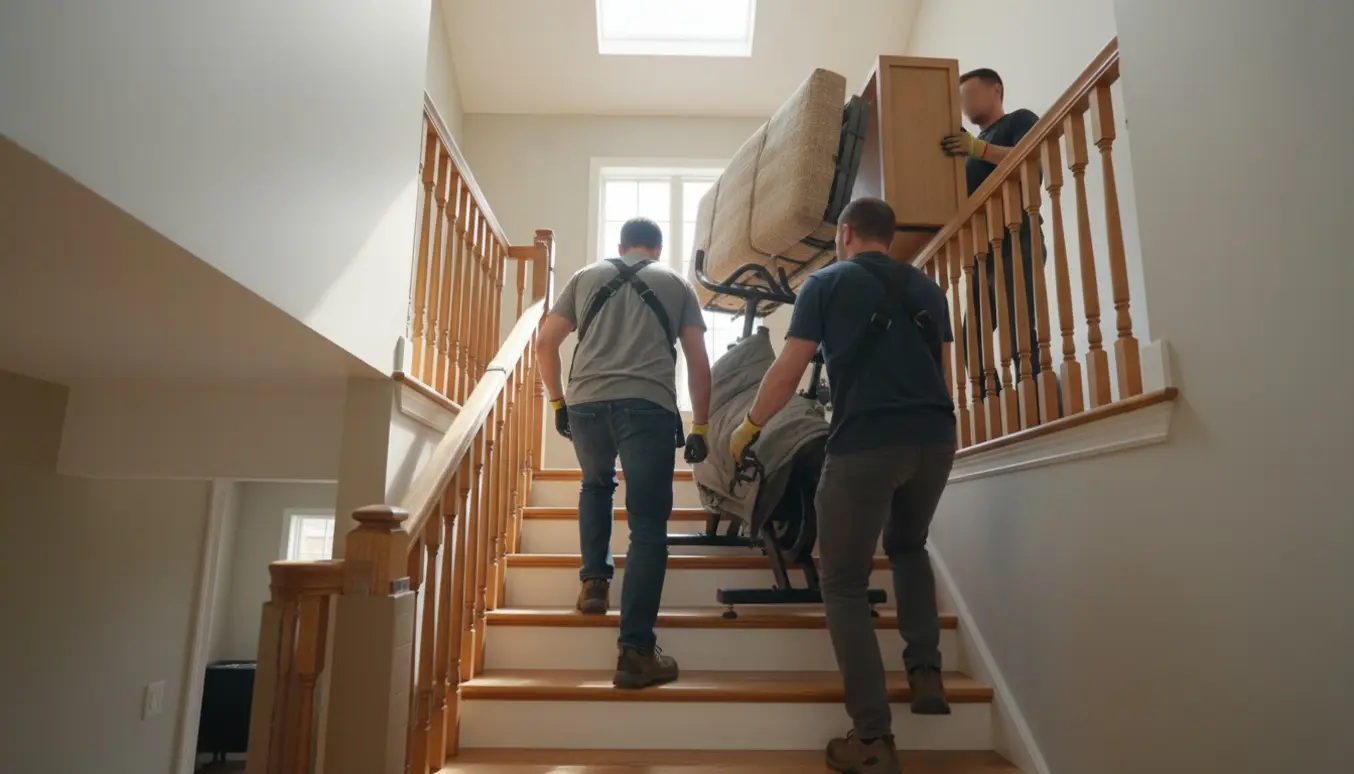 To hjælpere bærer en spinningcykel, skabe og et bord op ad en indendørs trappe med flyttetæpper og stropper.