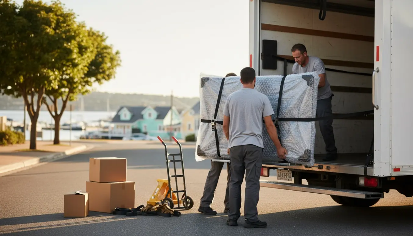 Et 70-tommer LED-tv pakket i flyttetæpper og sikret i en varevogn, mens to flyttefolk læsser det.