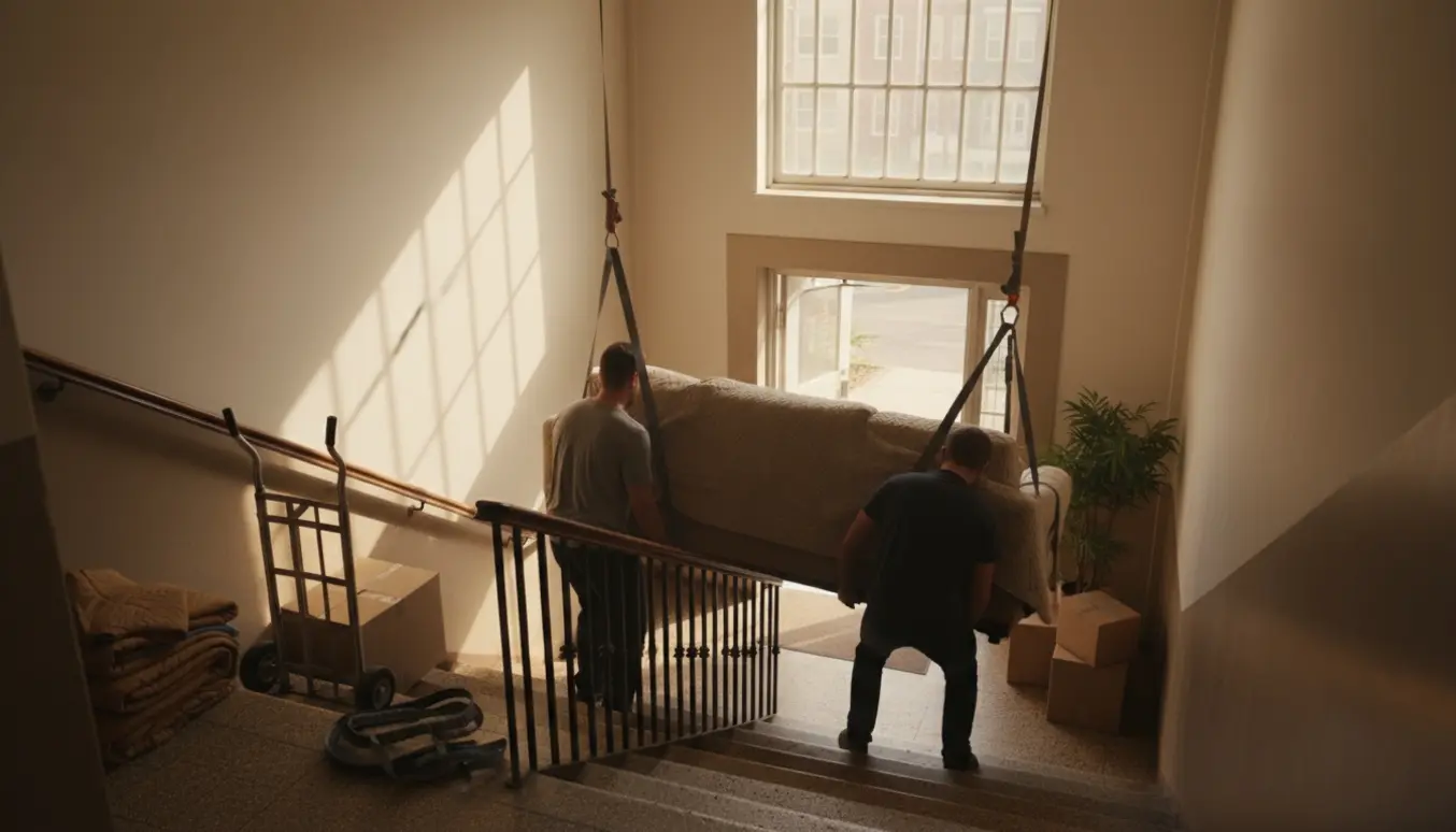 To personer bærer en trepersoners sofa ned ad trappen fra 2. sal mod gaden med flyttetæpper og en dolly klar nedenfor.