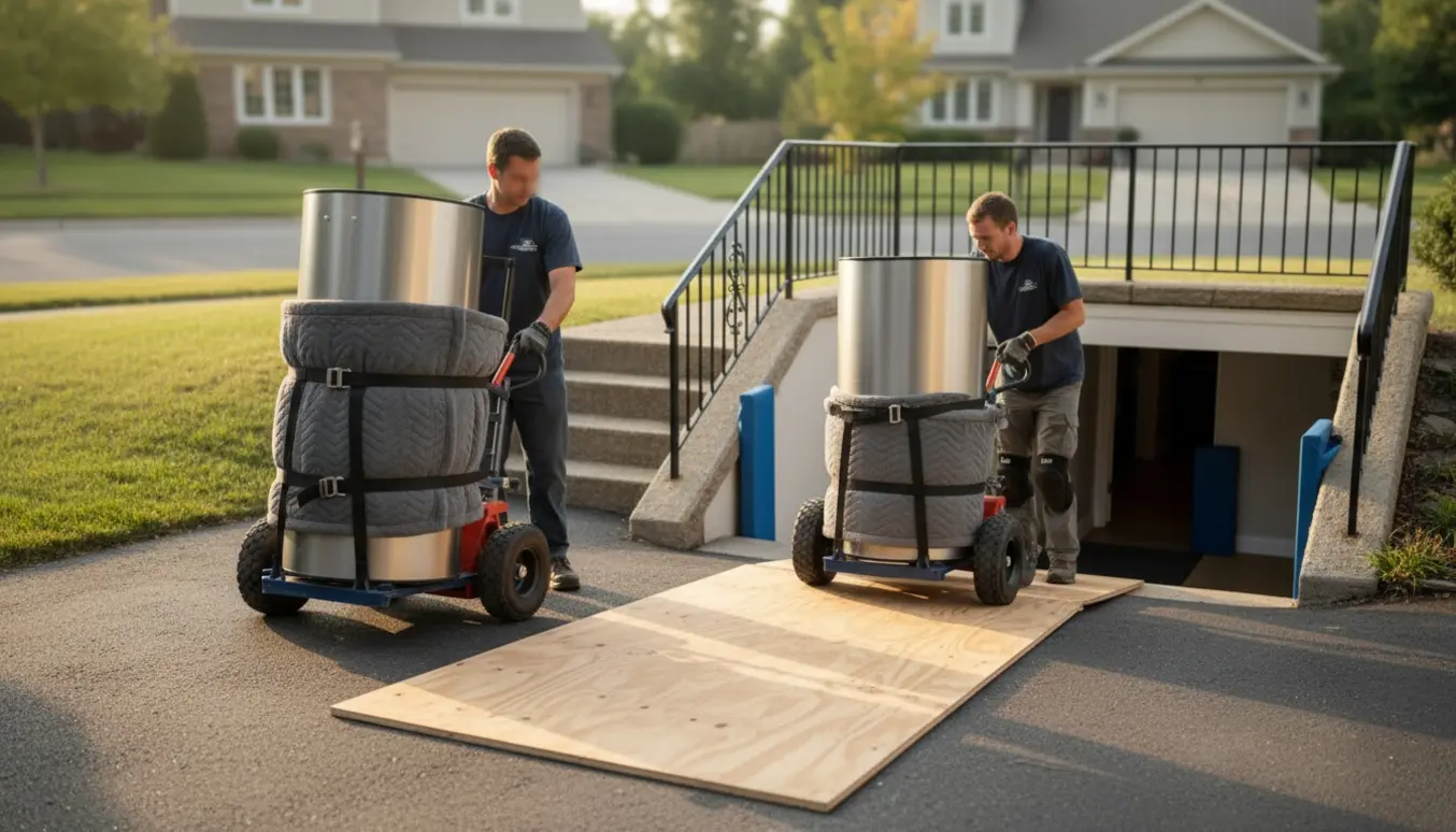 To personer flytter store vinkøleskabe fra fortovet ned ad kældertrappen med håndvogn og remme.