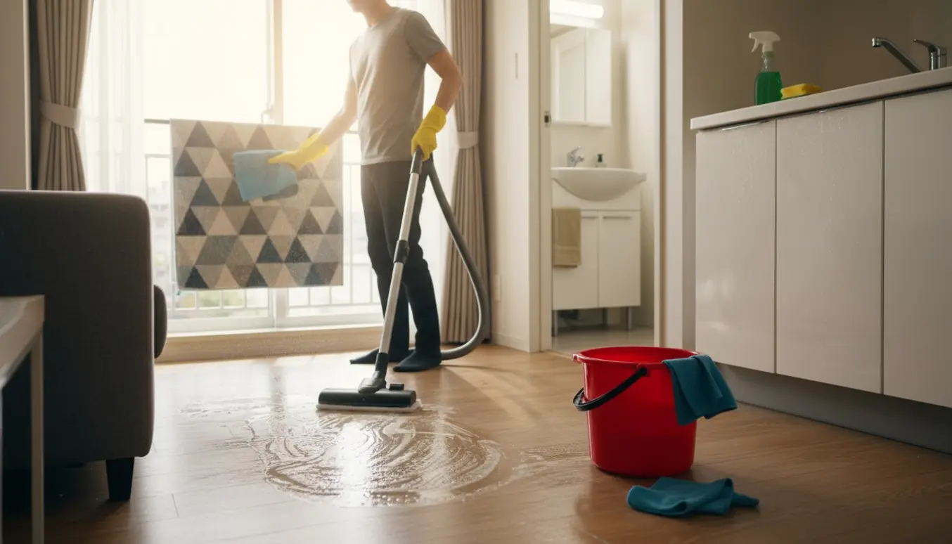 Morgenlys i et lille hjem under rengøring med støvsuger, moppe og et tæppe, ingen tydelige ansigter.