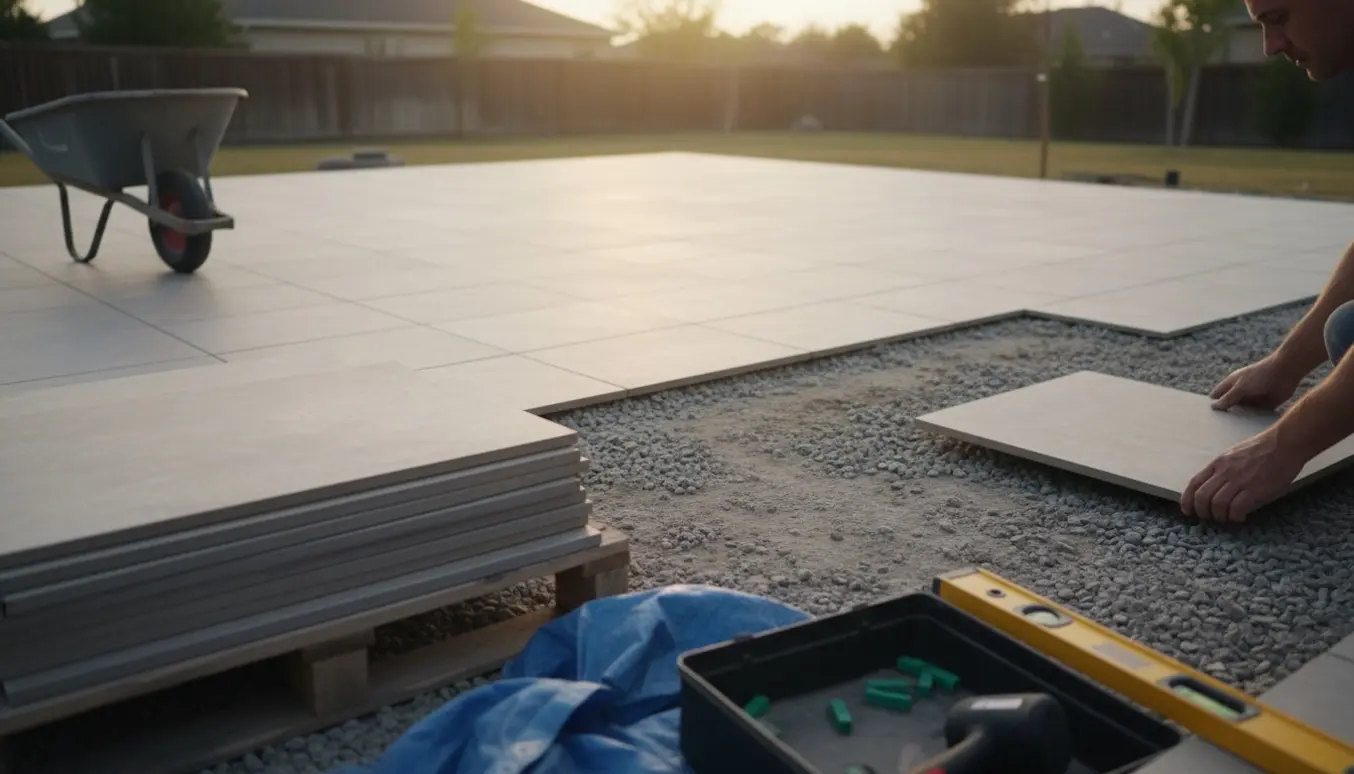 Delvist færdig keramisk terrasse med stabler af fliser, tom trillebør og synligt manglende sand på forberedt underlag.