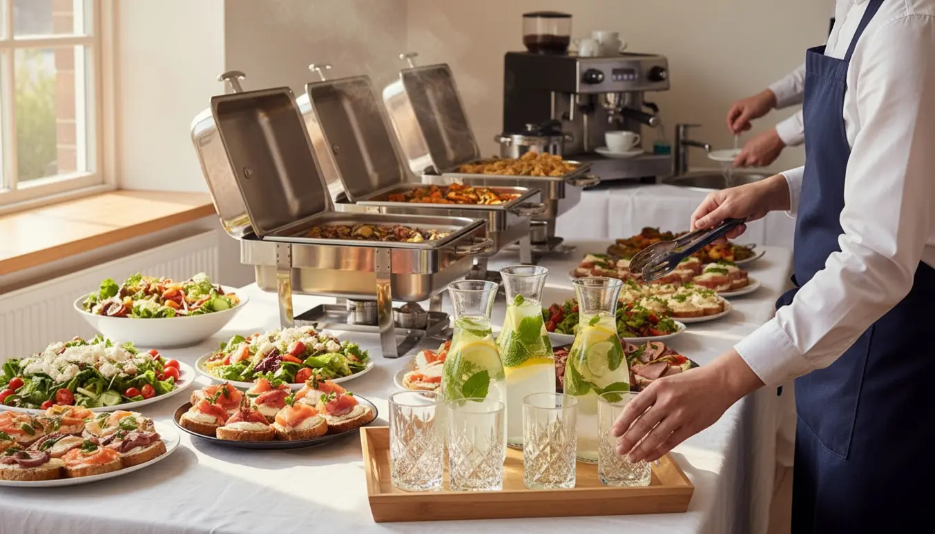 Konfirmationsbuffet med velkomstdrinks, personalet fylder op og brygger kaffe, uden tydelige ansigter.