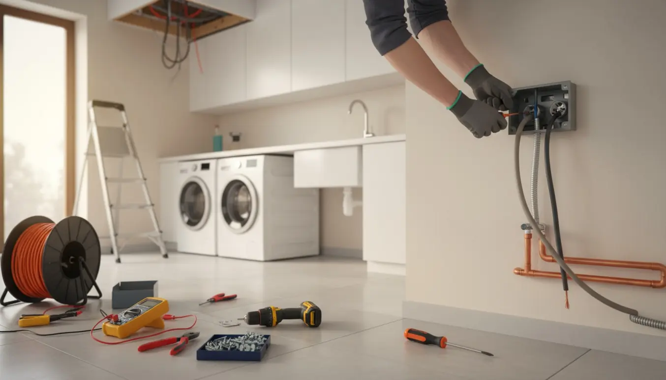 Elektriker monterer el-tilslutning bag vaskemaskine og tørretumbler i et nyt bryggers med værktøj og synlige kabler.