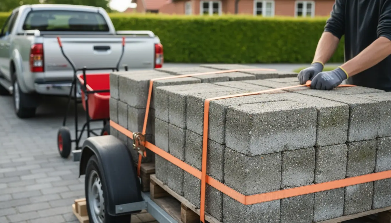 Trailer med ca. 1 m3 betonsten stablet på paller, en person med handsker sikrer stropper i en forstadsgård.