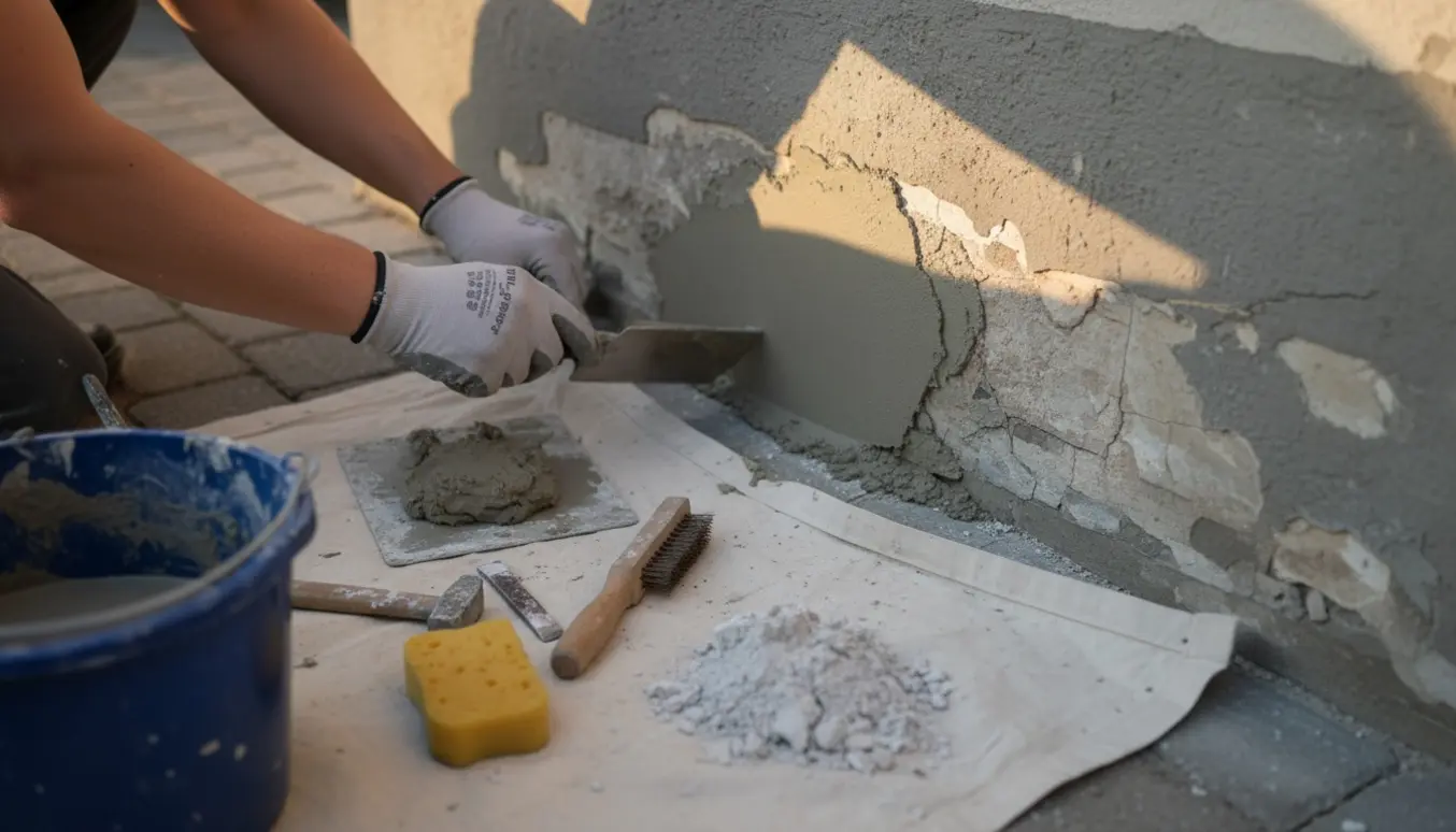 Nærbillede af sokkelpuds med hænder, der udbedrer revner med mørtel og murske.
