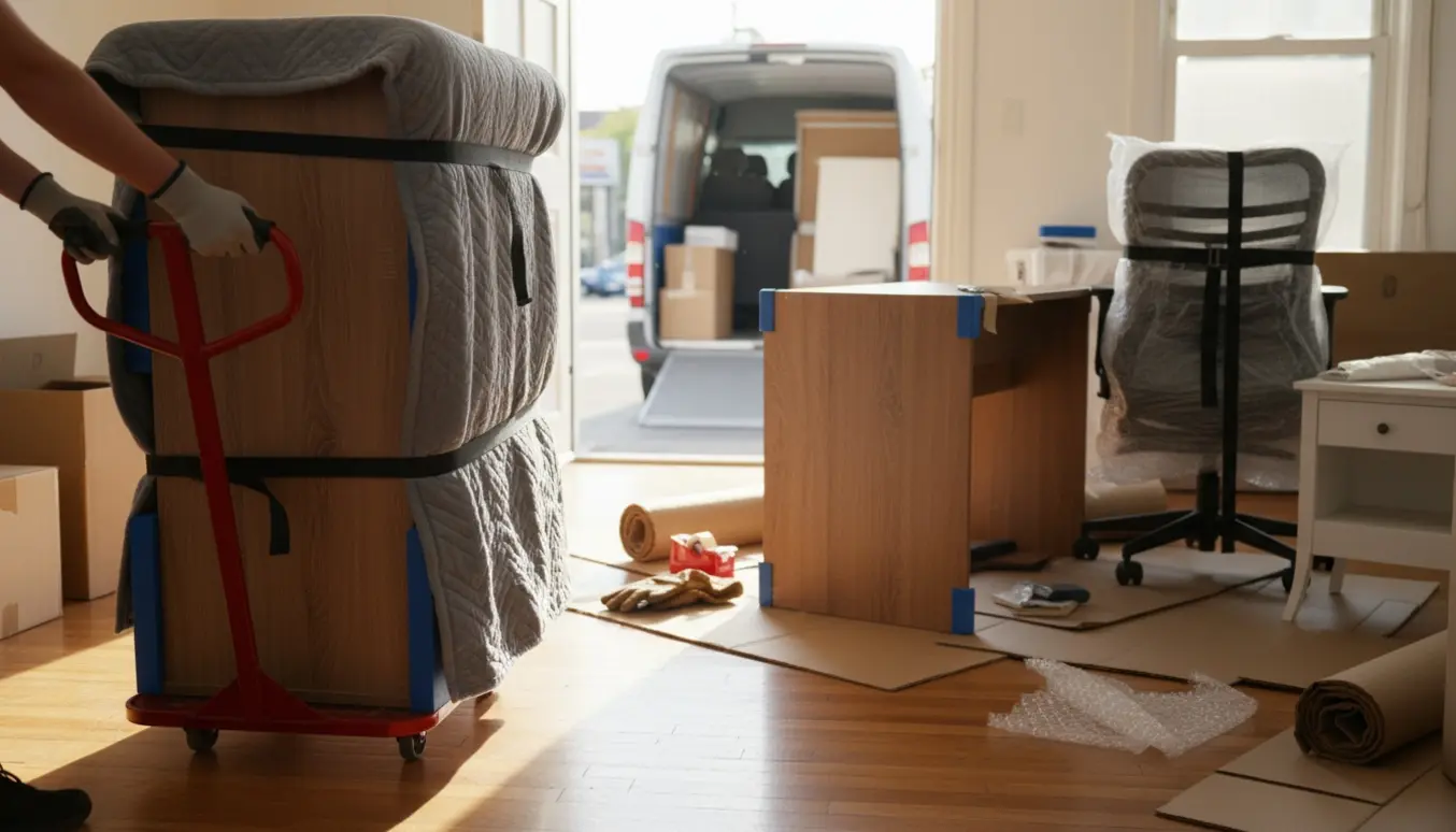 Skrivebord, stol, lille natbord og lille garderobeskab pakket og læsset ind i en flyttebil.