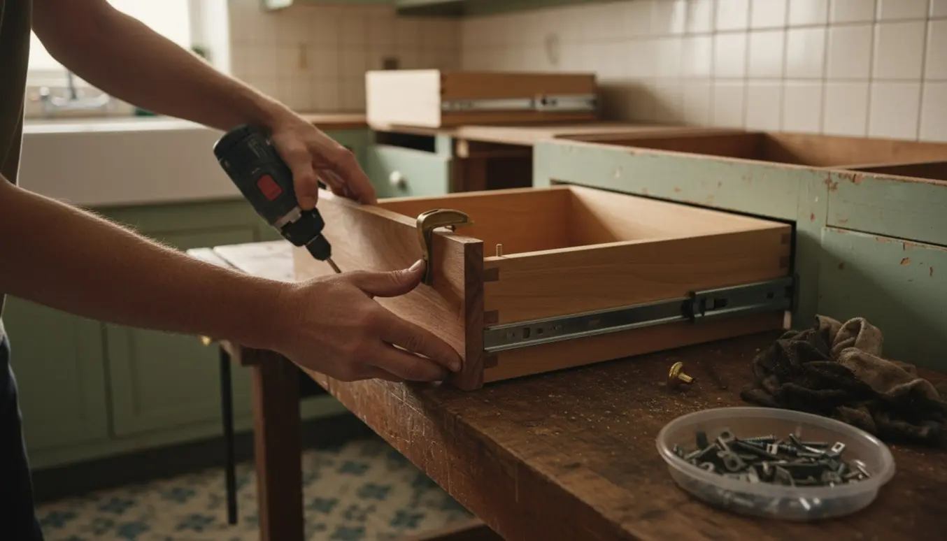 Nærbillede af to skuffer, der samles i et gammelt køkken med værktøj og varmt dagslys.