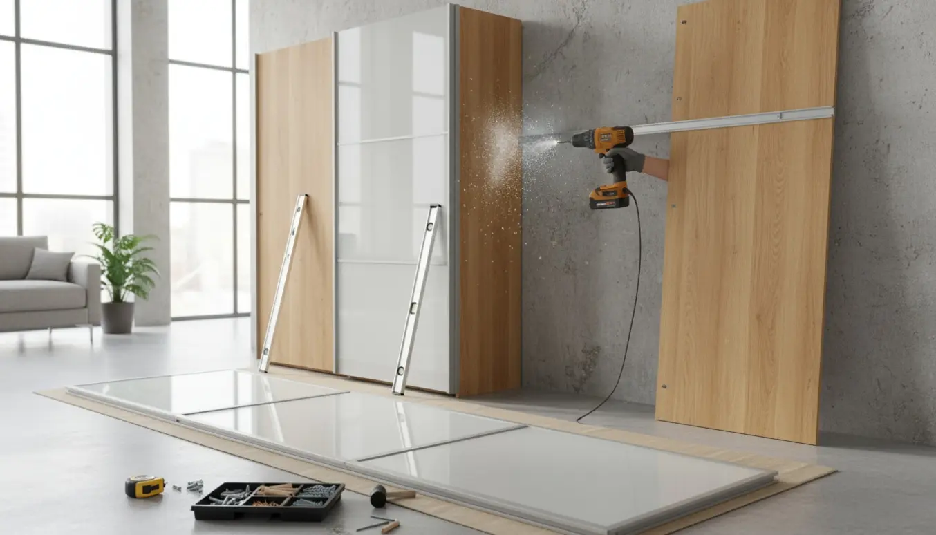 Delvist samlet klædeskab med skydedørsdele og borearbejde i beton, hænder ved en boremaskine.