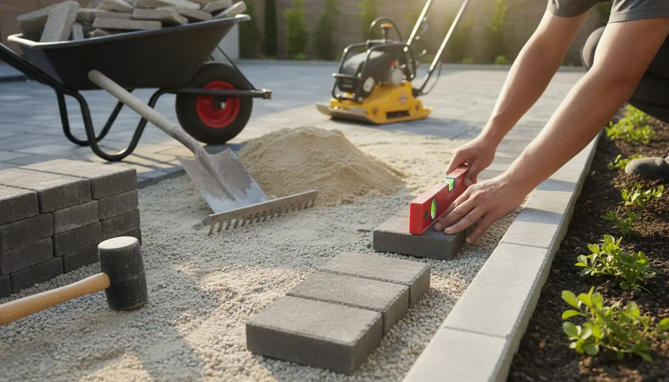 Nærbillede af hænder, der lægger rektangulære betonfliser på en grus- og sandbund ved siden af kantsten og fjernede store betonfliser.
