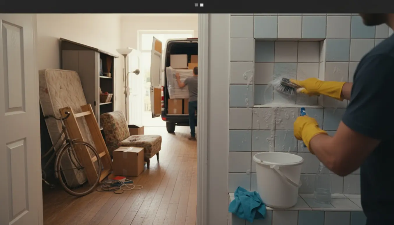 Fraflytningsrengøring i et to-etagers rækkehus med håndskuring af bruseniche og store genstande læsset i en varebil.