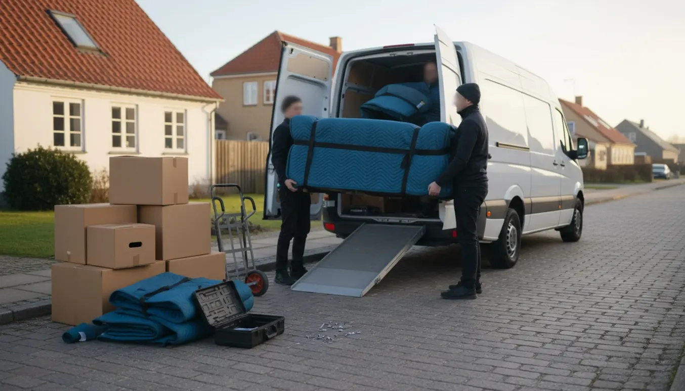 Flyttevogn på en stille vej mens to personer løfter en adskilt sofa ind i bilen ved siden af flyttekasser og tæpper.