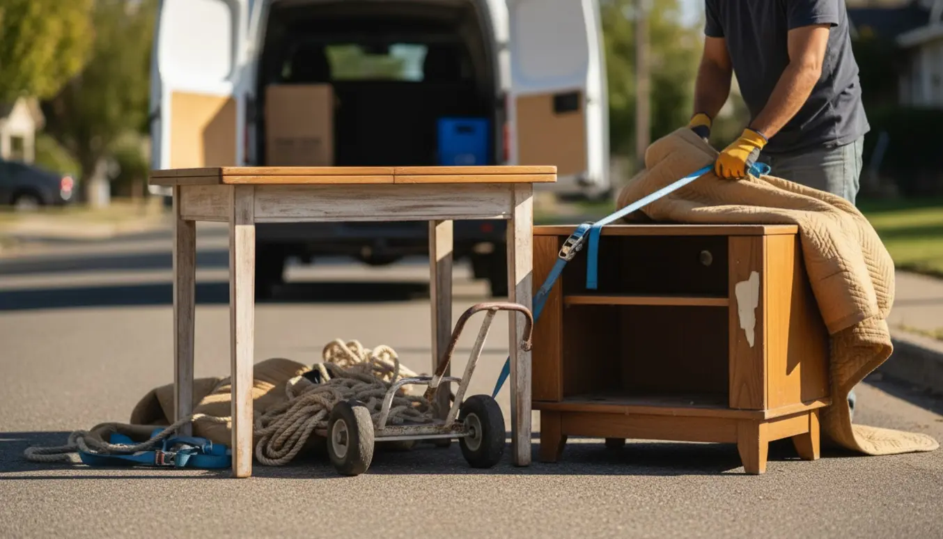 En person læsser et lille spisebord og et TV-bord i en varevogn til storskrald.