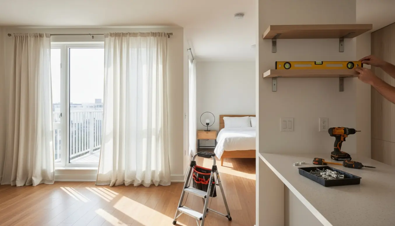 Hyggelig lejlighed hvor gardinstang, køkkenhylde, sengelampe og røgalarm er ved at blive monteret.