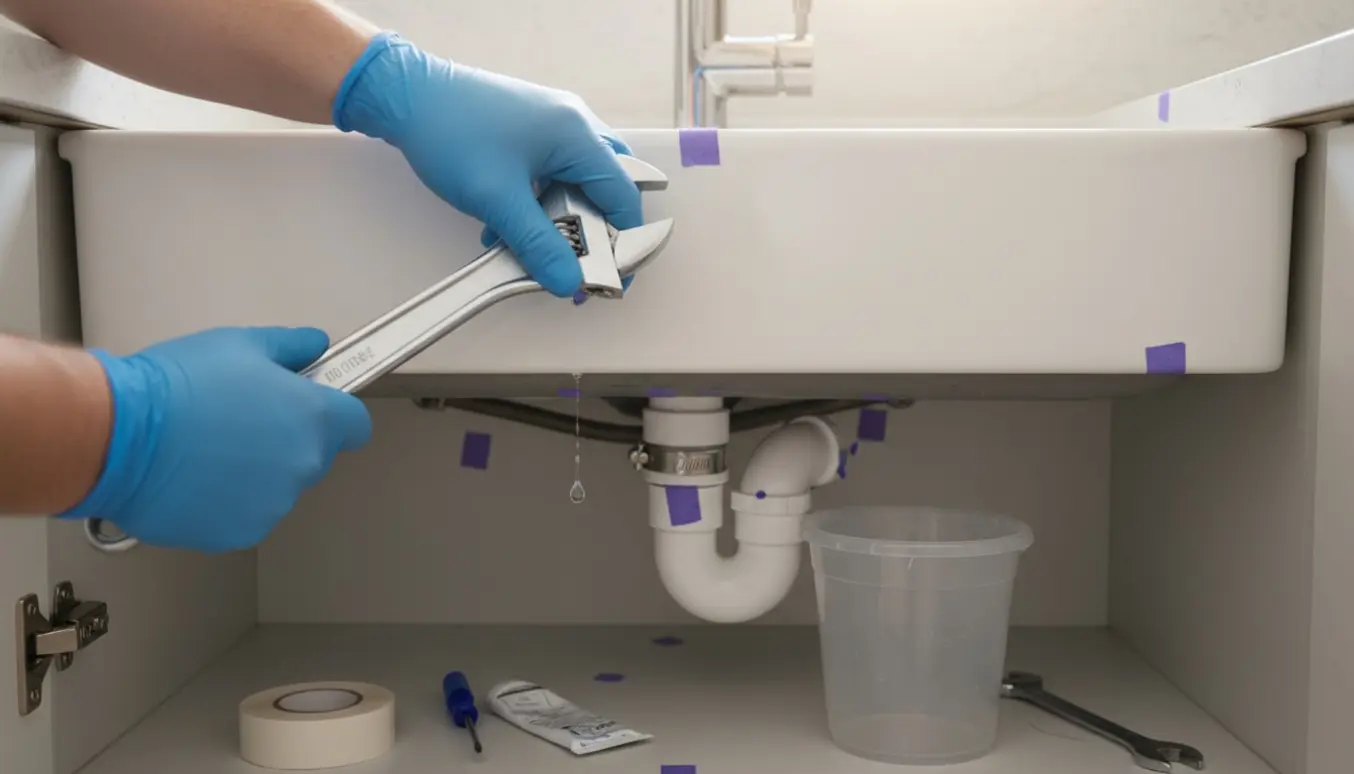 Nærbillede af hænder, der spænder en vandhane og justerer en flyttet vandlås med spændebånd og lilla mærker.