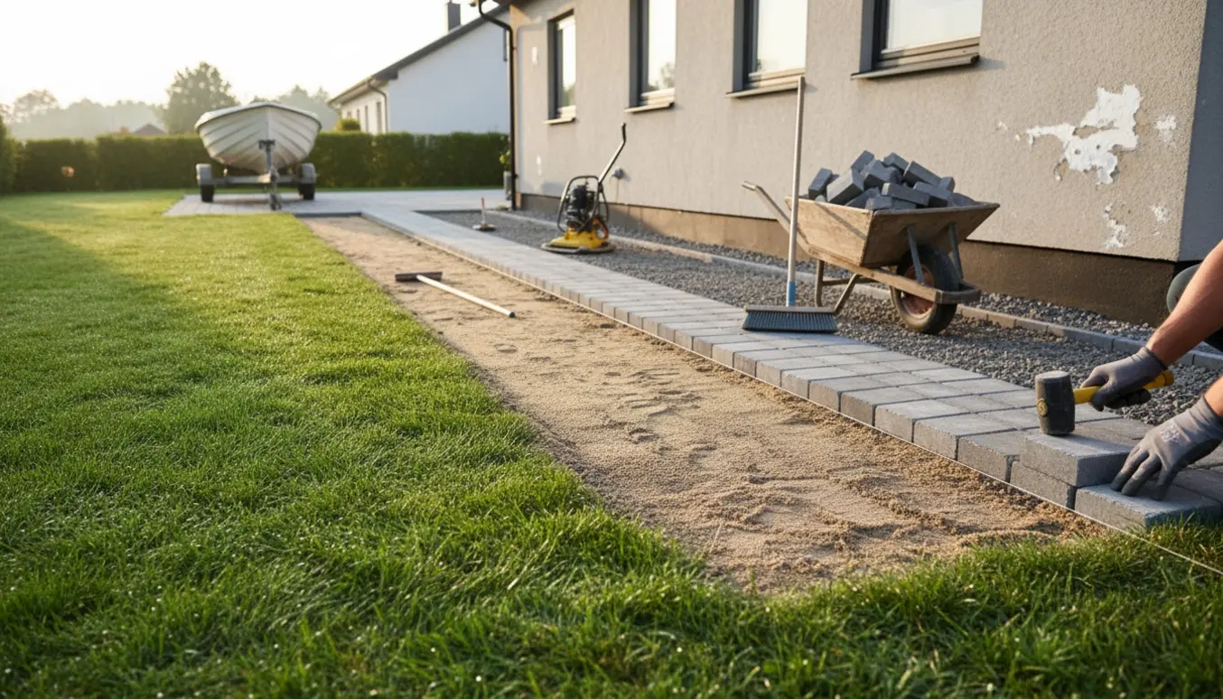 Delvist lagt flisegang og lille opkørsel ved huset med værktøj og græs ved siden af.