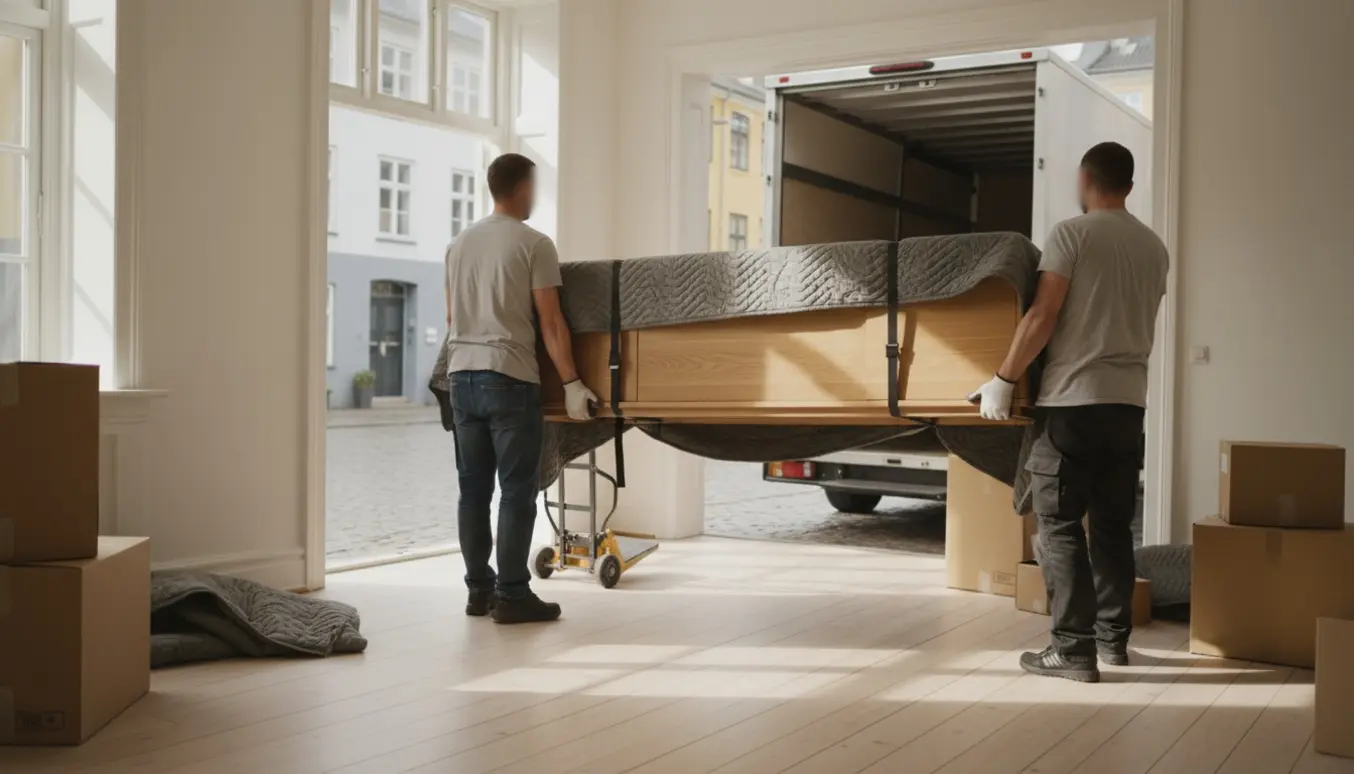 To flyttemænd bærer en træskænk på ca. 150 cm pakket i flyttetæpper gennem en lys lejlighed.