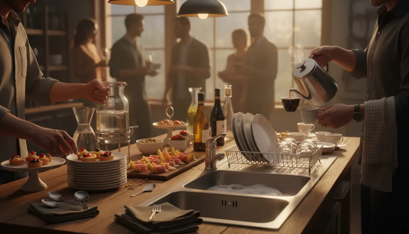Hænder anretter dessert, fylder drikkevarer op og brygger kaffe ved et buffetbord til en hyggelig aftenfest.