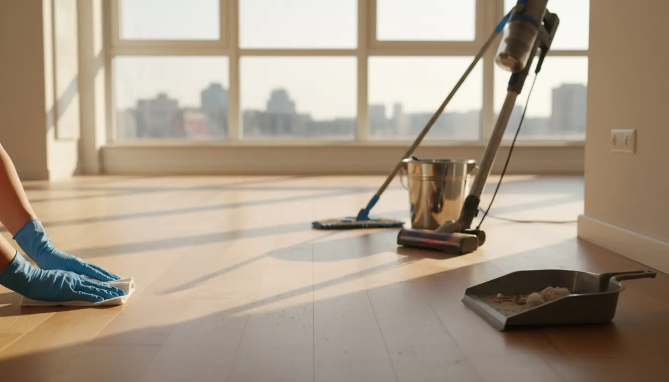 Tom lejlighed under flytterengøring med støvsuger, moppe og hænder, der tørrer fodpaneler.