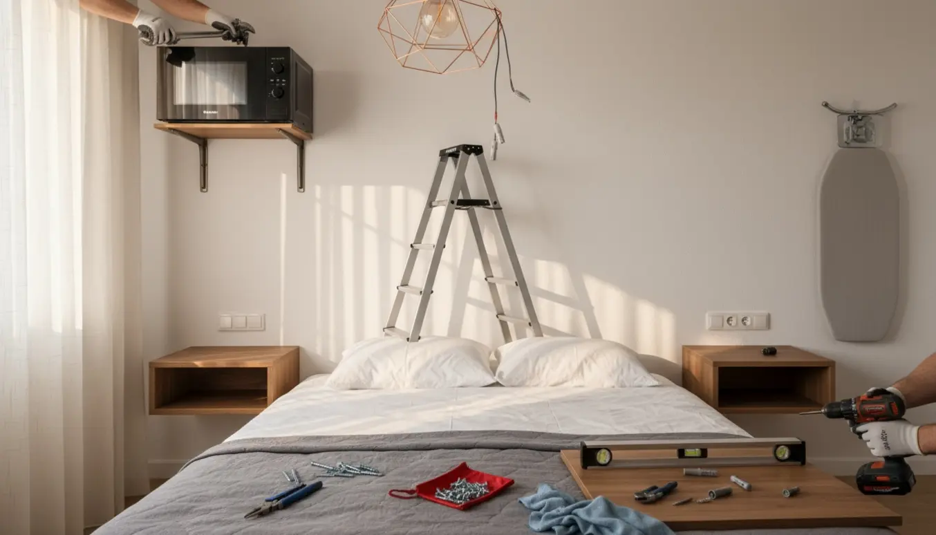 Montering af microovn på beslag, to væghængte natborde, loftslampe og ophæng til strygebræt i et lyst soveværelse.