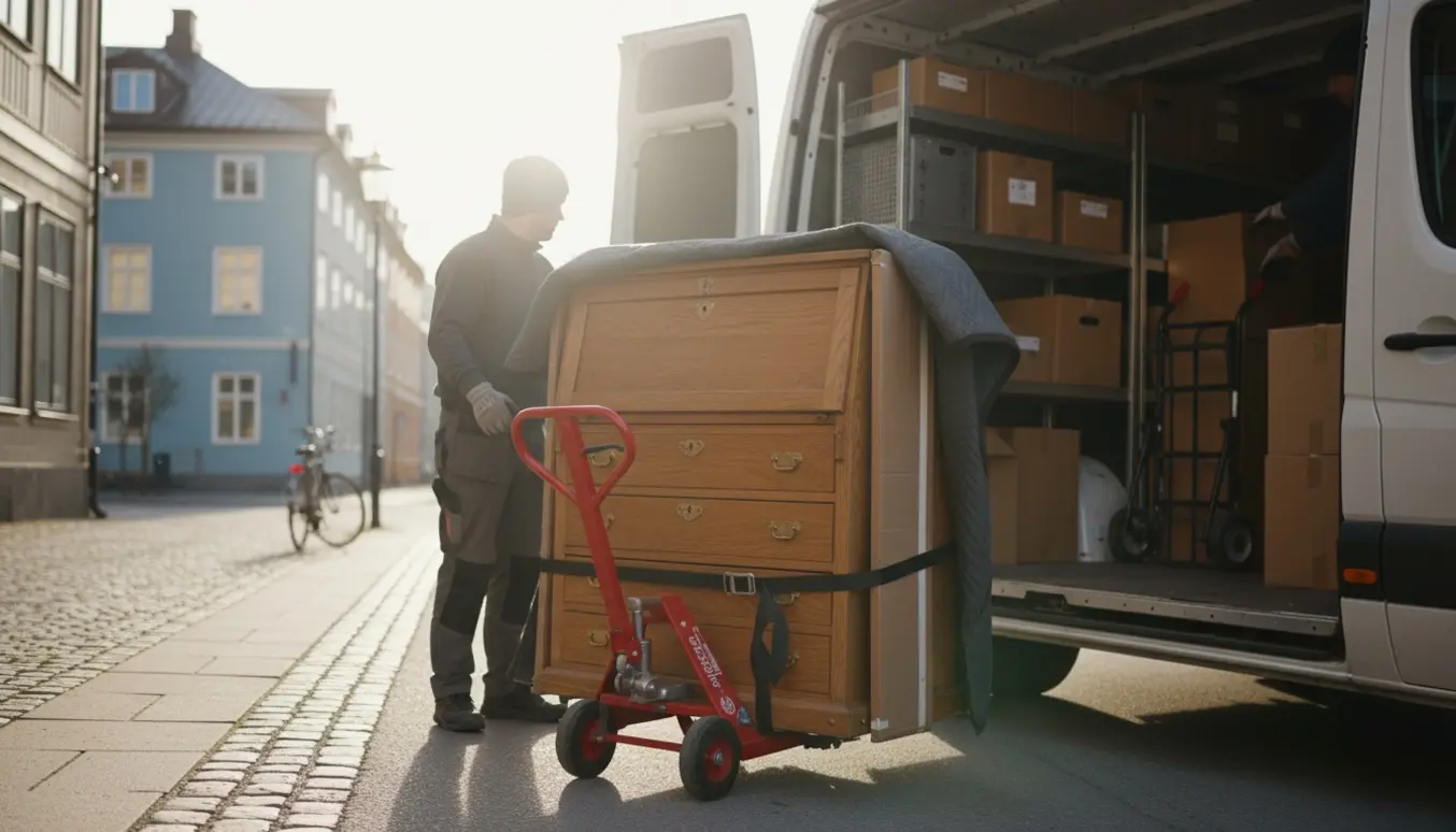 Et vintage sekretærskab løftes ind i en varebil, beskyttet med flyttegris og stropper, klar til depotlevering.