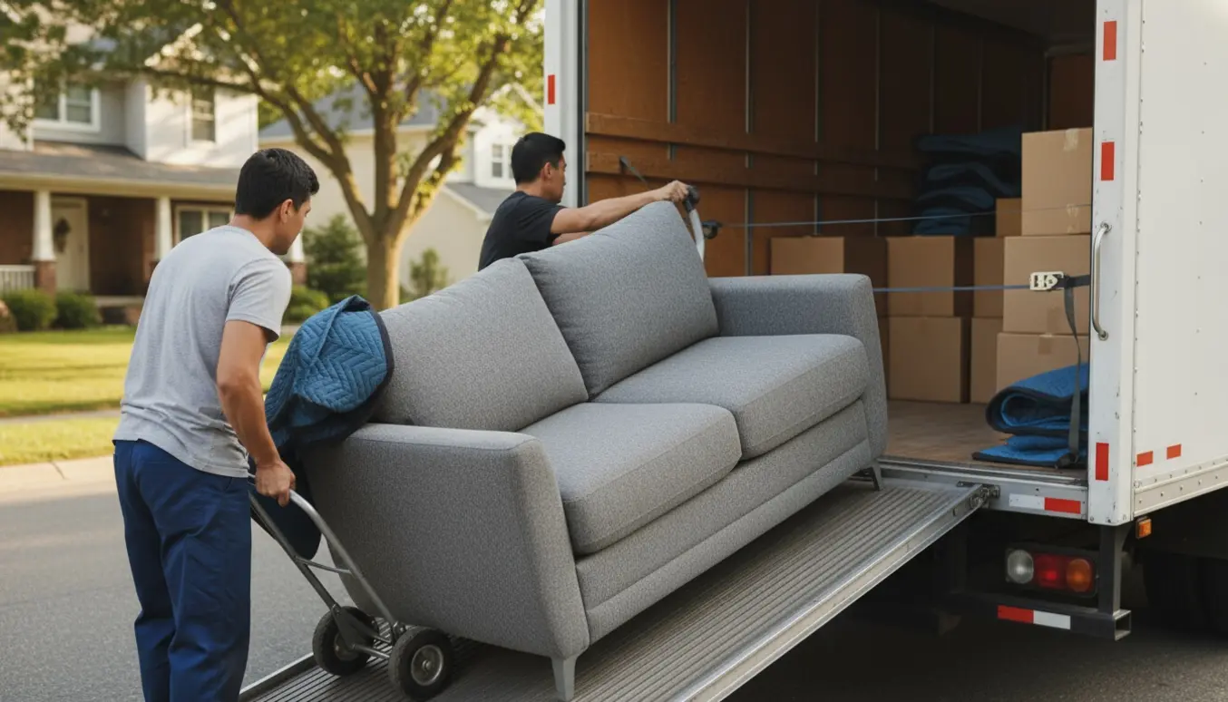 En grå sofa læsses på en hvid flyttebil på en stille villavej, to hjælpere ses bagfra.