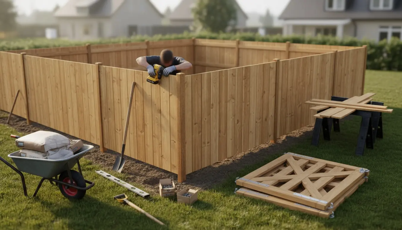 Nærbillede af opsætning af plankehegn i baghave med værktøj og fire havelåger klar til montering.